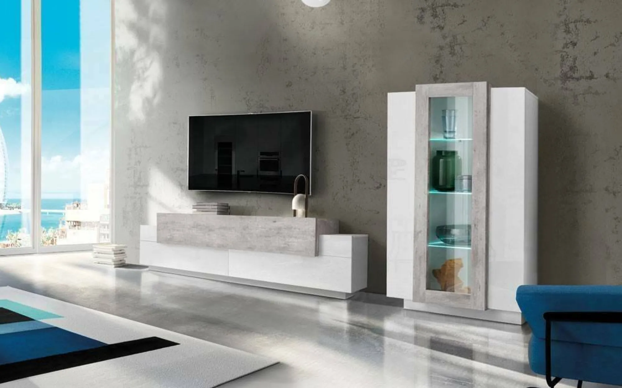 Parete attrezzata Anisia, cm 280x45h121, Bianco lucido e Cemento<Dmora New