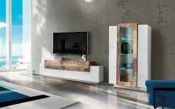Parete attrezzata Anisia, cm 280x45h121, Bianco lucido e Acero<Dmora Best Sale