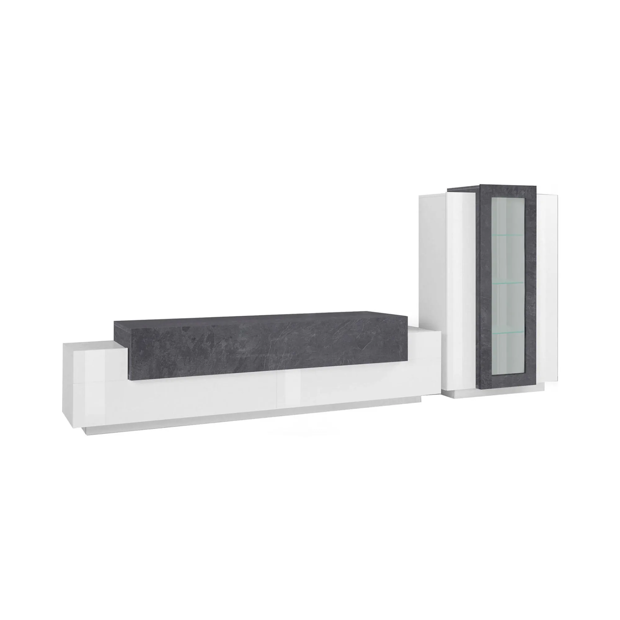 Parete attrezzata Anisia, cm 280x45h121, Bianco lucido e Ardesia<Dmora Store