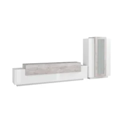 Parete attrezzata Anisia, cm 280x45h121, Bianco lucido e Cemento<Dmora New