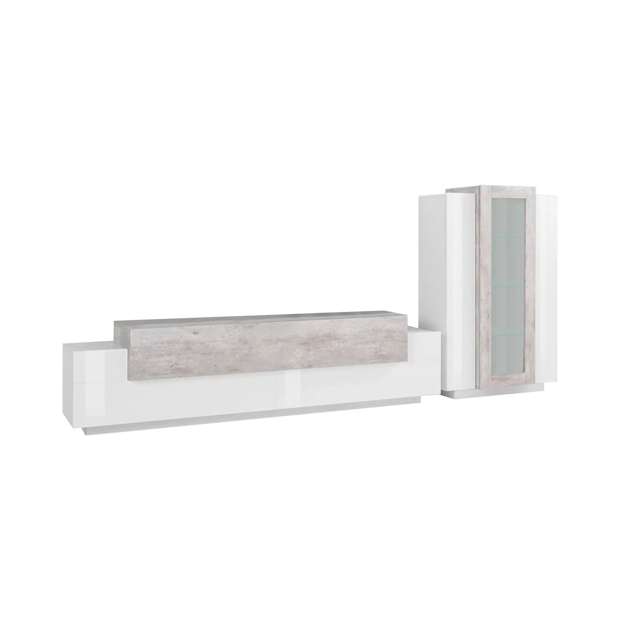 Parete attrezzata Anisia, cm 280x45h121, Bianco lucido e Cemento<Dmora New