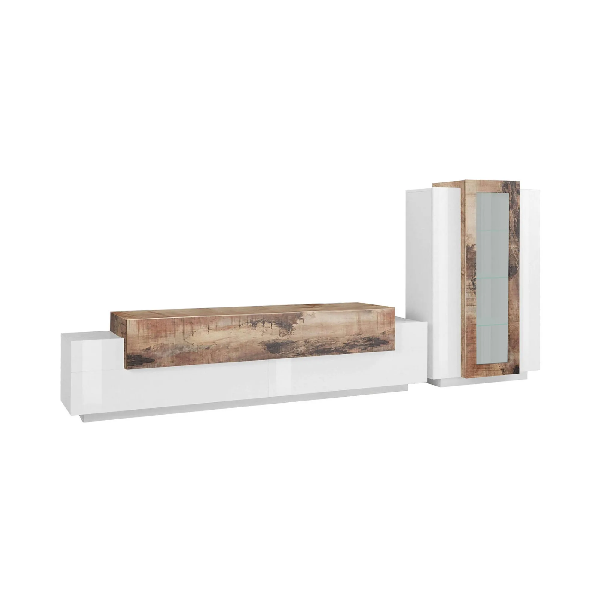 Parete attrezzata Anisia, cm 280x45h121, Bianco lucido e Acero<Dmora Best Sale