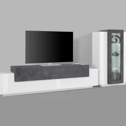 Parete attrezzata Anisia, cm 280x45h121, Bianco lucido e Ardesia<Dmora Store
