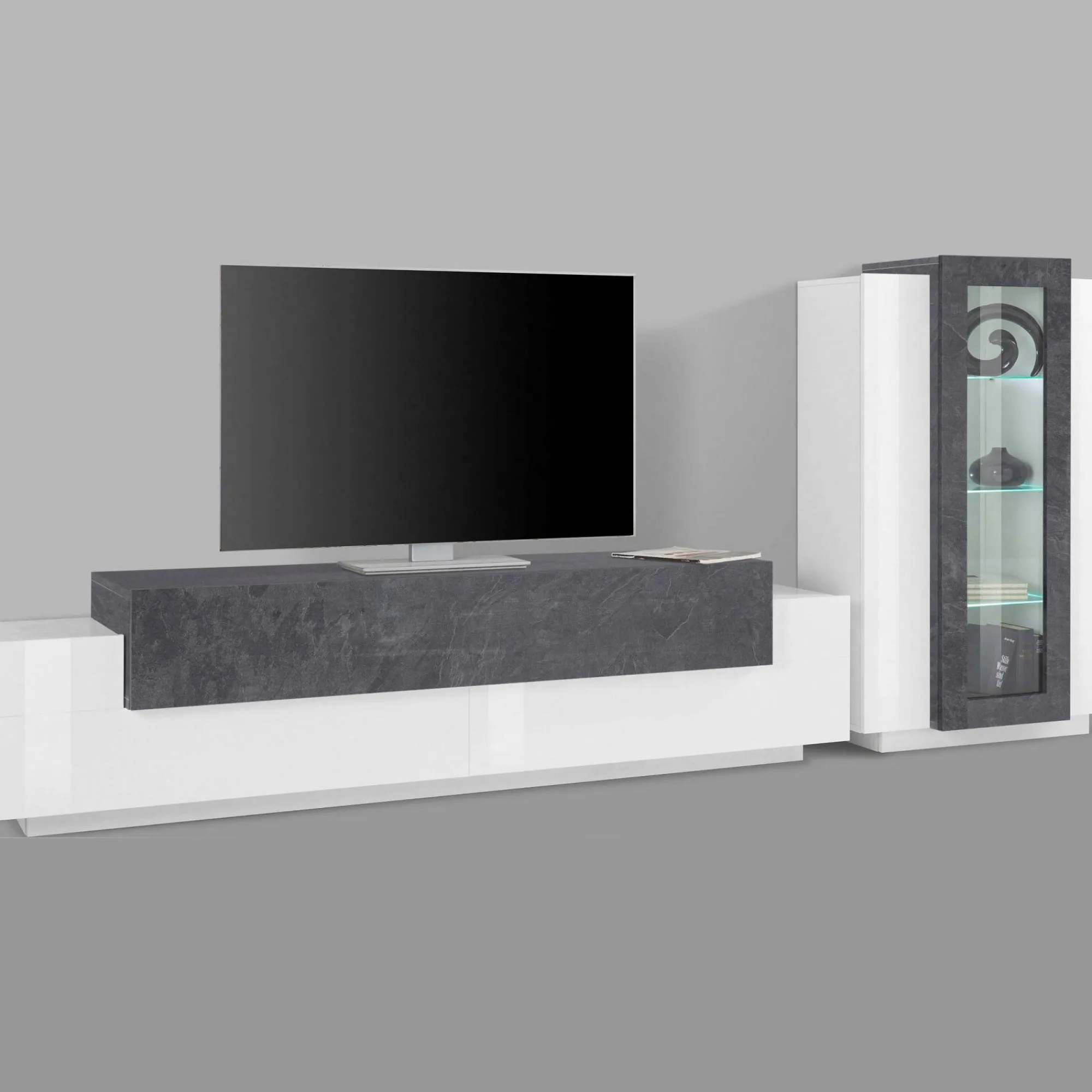 Parete attrezzata Anisia, cm 280x45h121, Bianco lucido e Ardesia<Dmora Store