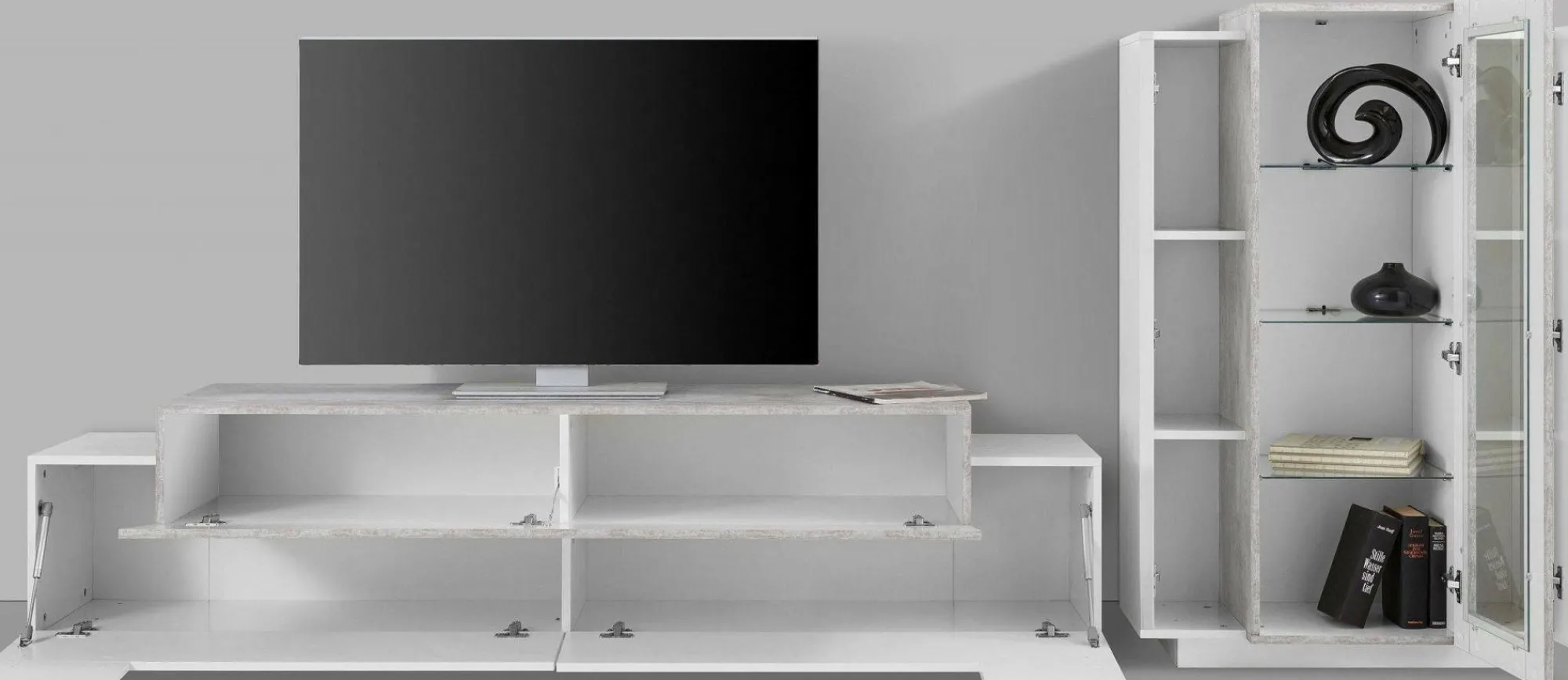 Parete attrezzata Anisia, cm 280x45h121, Bianco lucido e Cemento<Dmora New