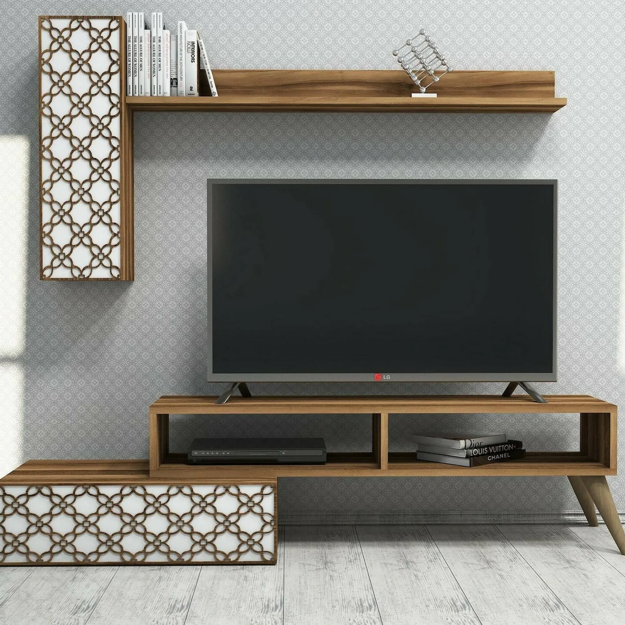 Parete attrezzata Ardara, 150x37h38 cm, Noce e Bianco<Dmora New