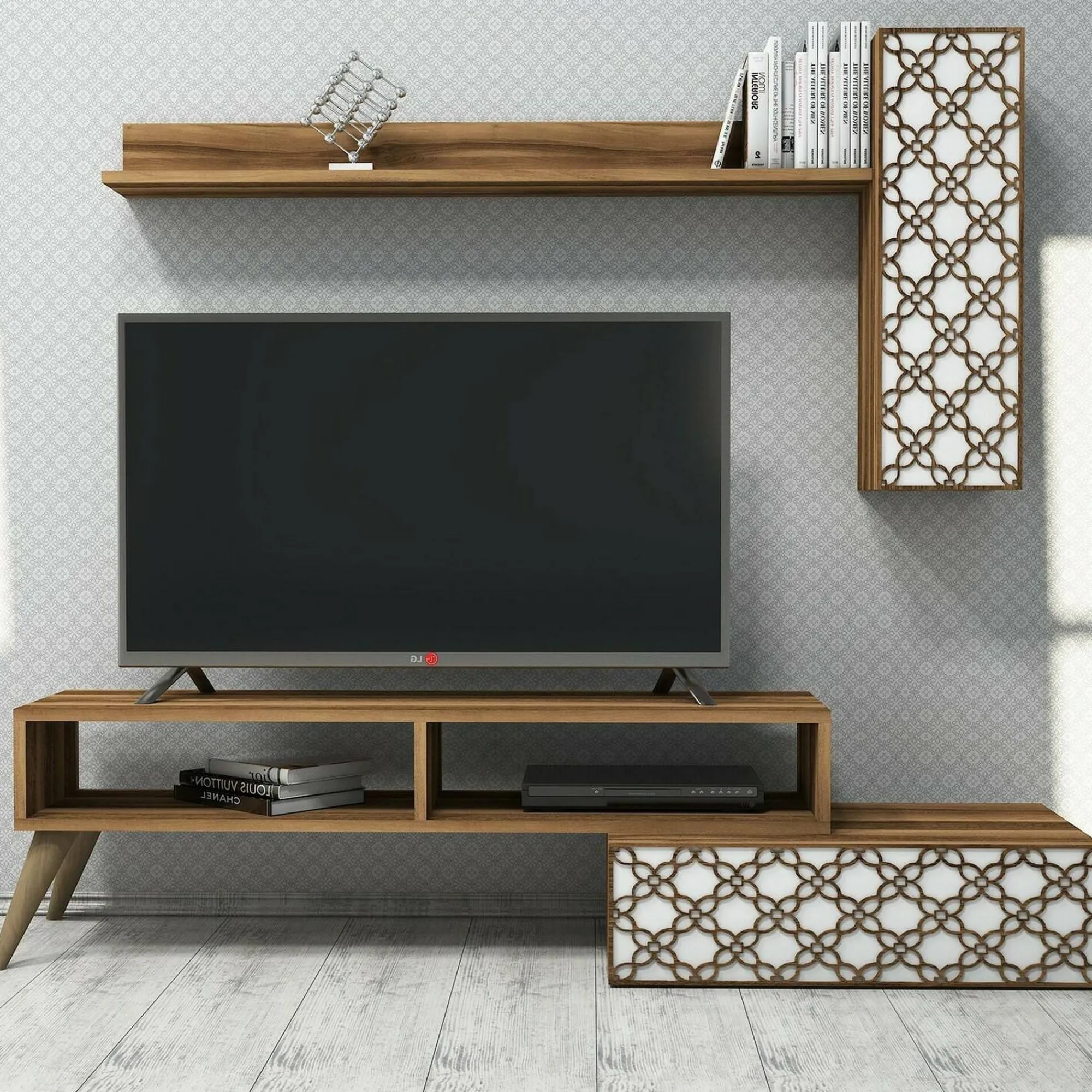 Parete attrezzata Ardara, 150x37h38 cm, Noce e Bianco<Dmora New