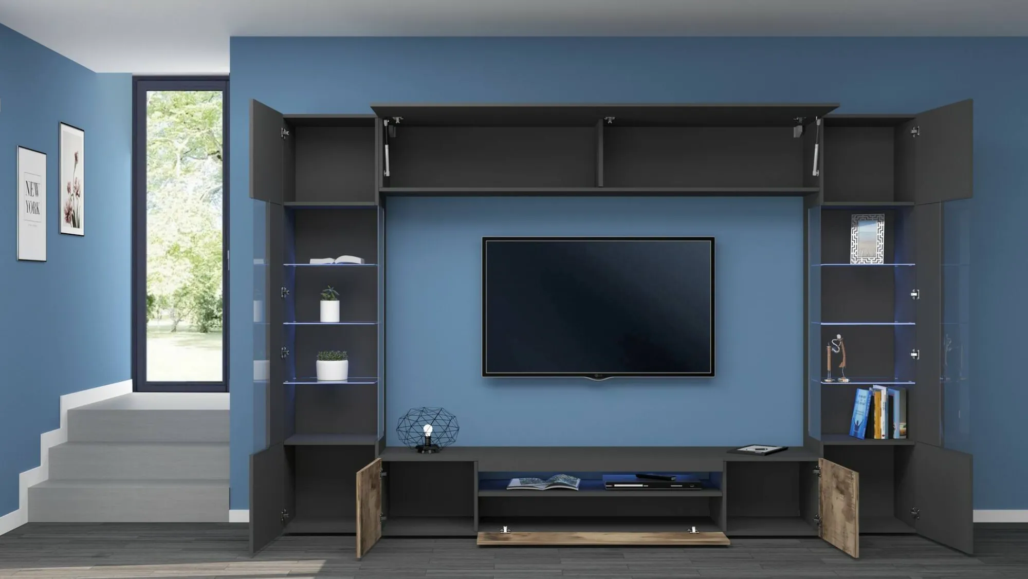 Parete attrezzata Arga, cm 290x40h191, Antracite e Acero<Dmora Flash Sale