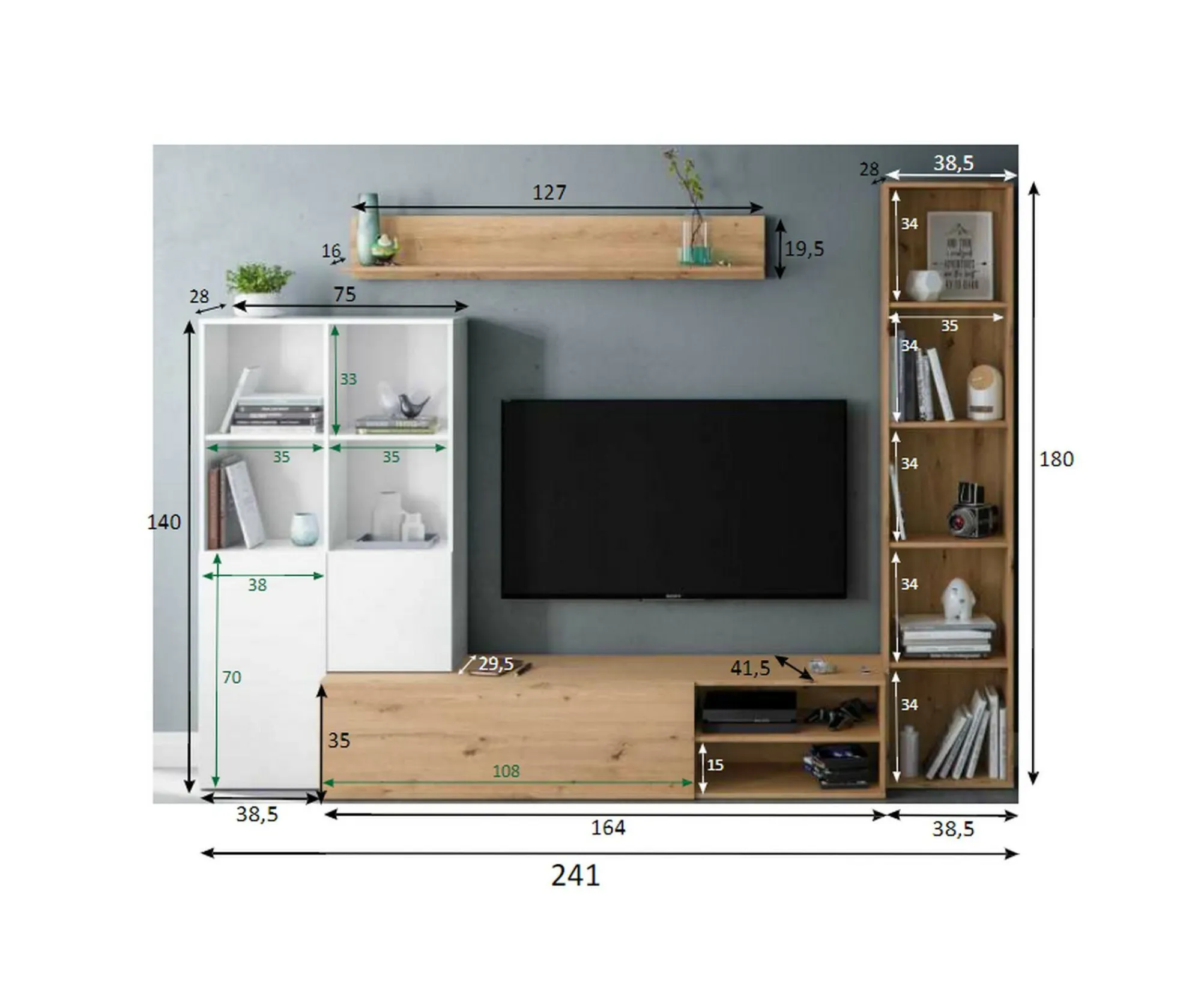 Parete attrezzata Argus, 241x28h180 cm, Bianco e Rovere Nodi<Dmora Store