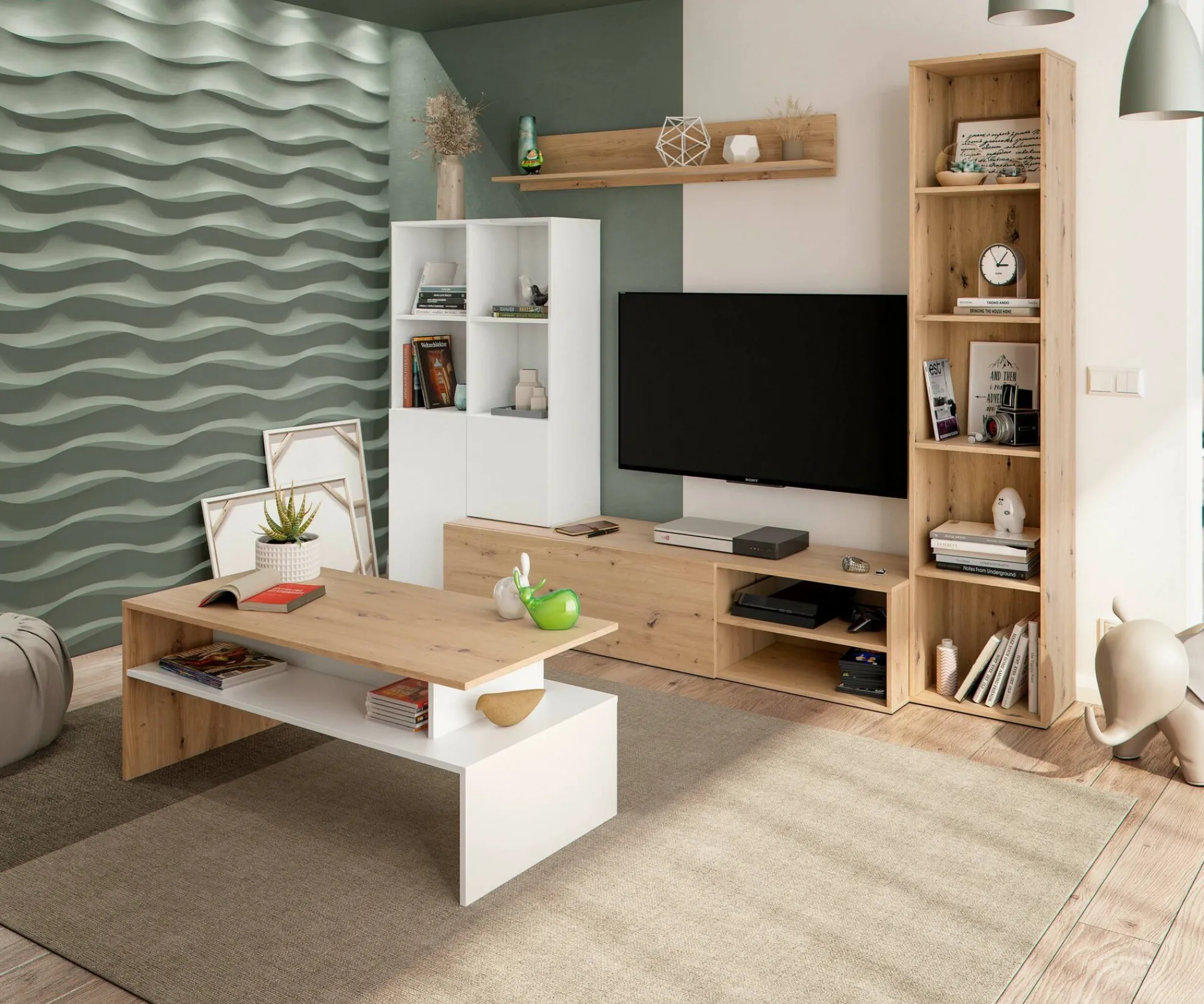 Parete attrezzata Argus, 241x28h180 cm, Bianco e Rovere Nodi<Dmora Store