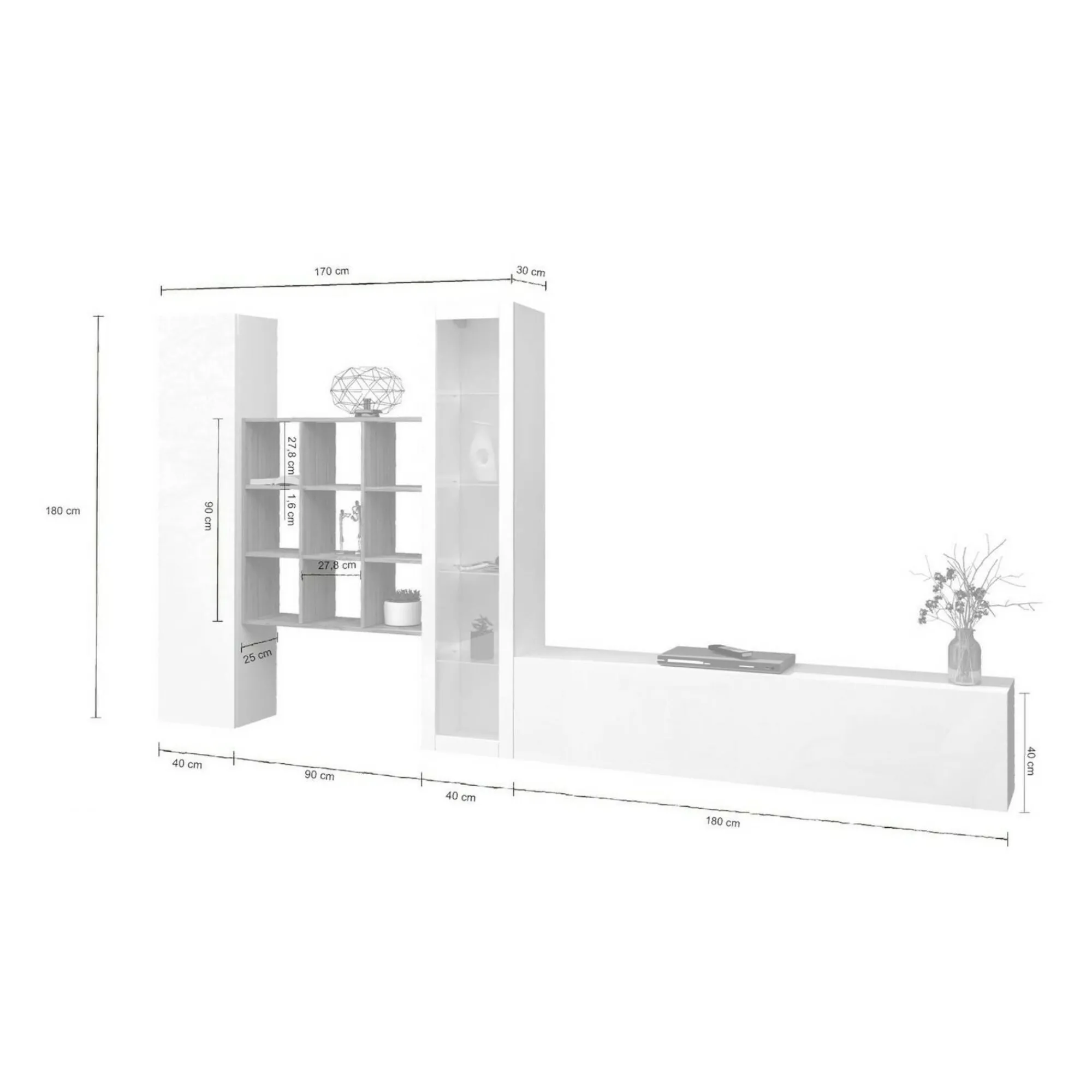 Parete attrezzata Arizzano, cm 310x30h180, Bianco lucido e Acero<Dmora New