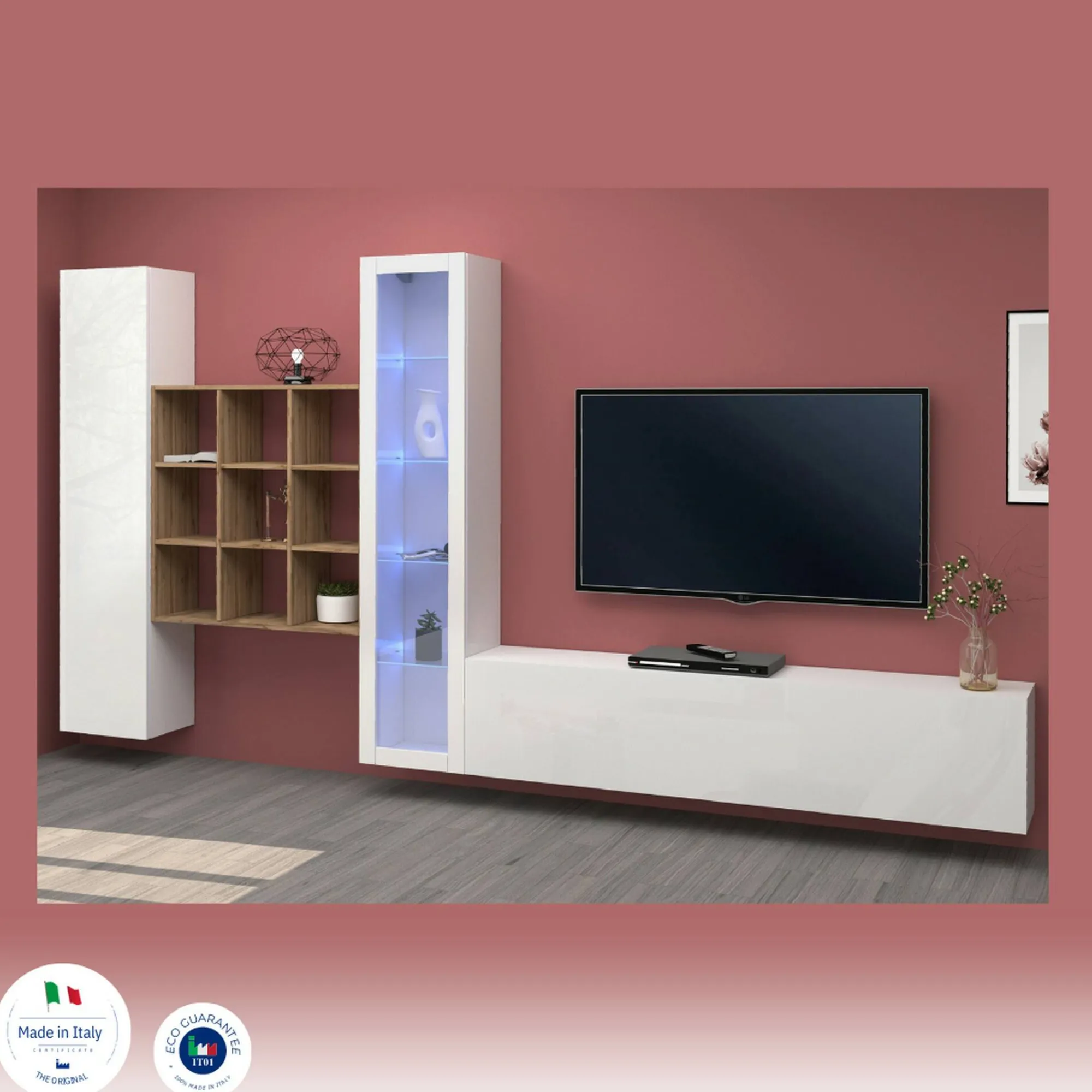 Parete attrezzata Arizzano, cm 310x30h180, Bianco lucido e Acero<Dmora New