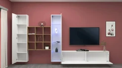 Parete attrezzata Arizzano, cm 310x30h180, Bianco lucido e Acero<Dmora New