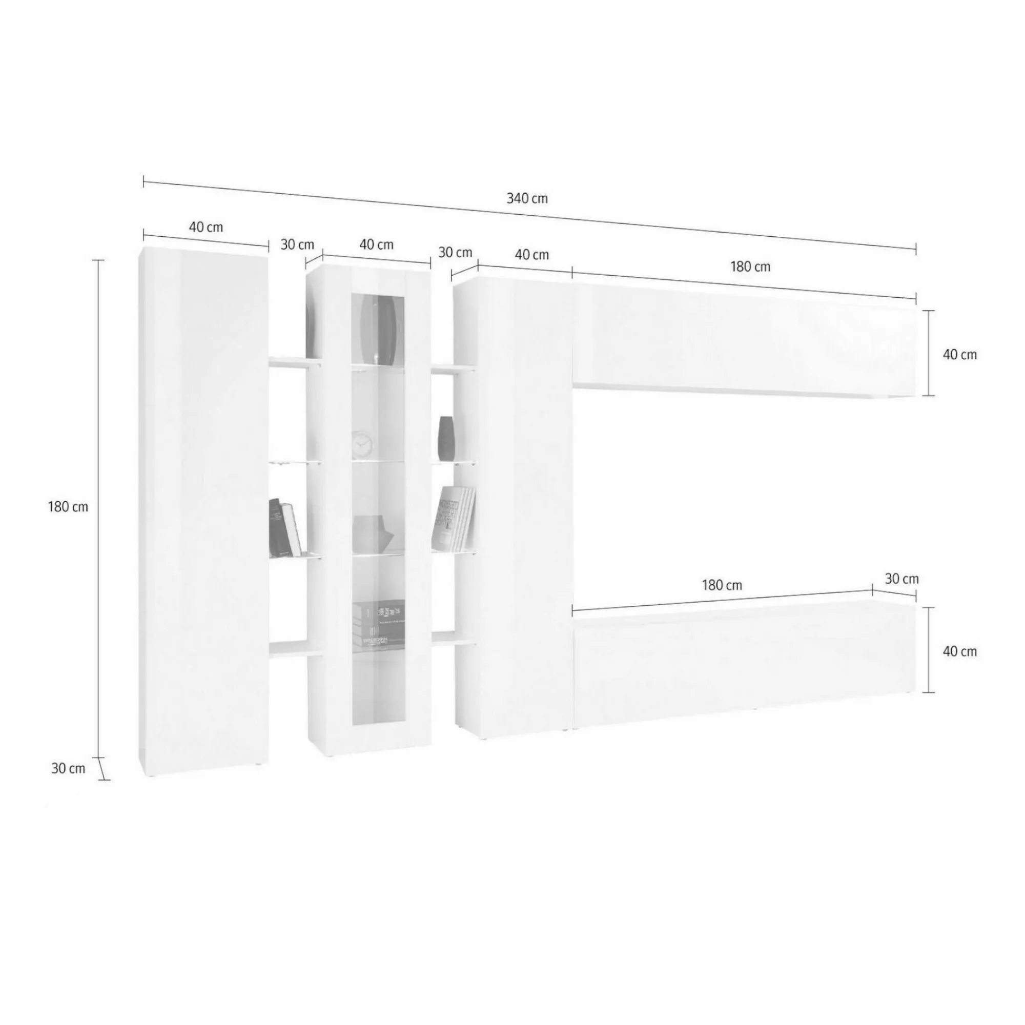 Parete attrezzata Arkan, cm 340x30h180,<Dmora Outlet