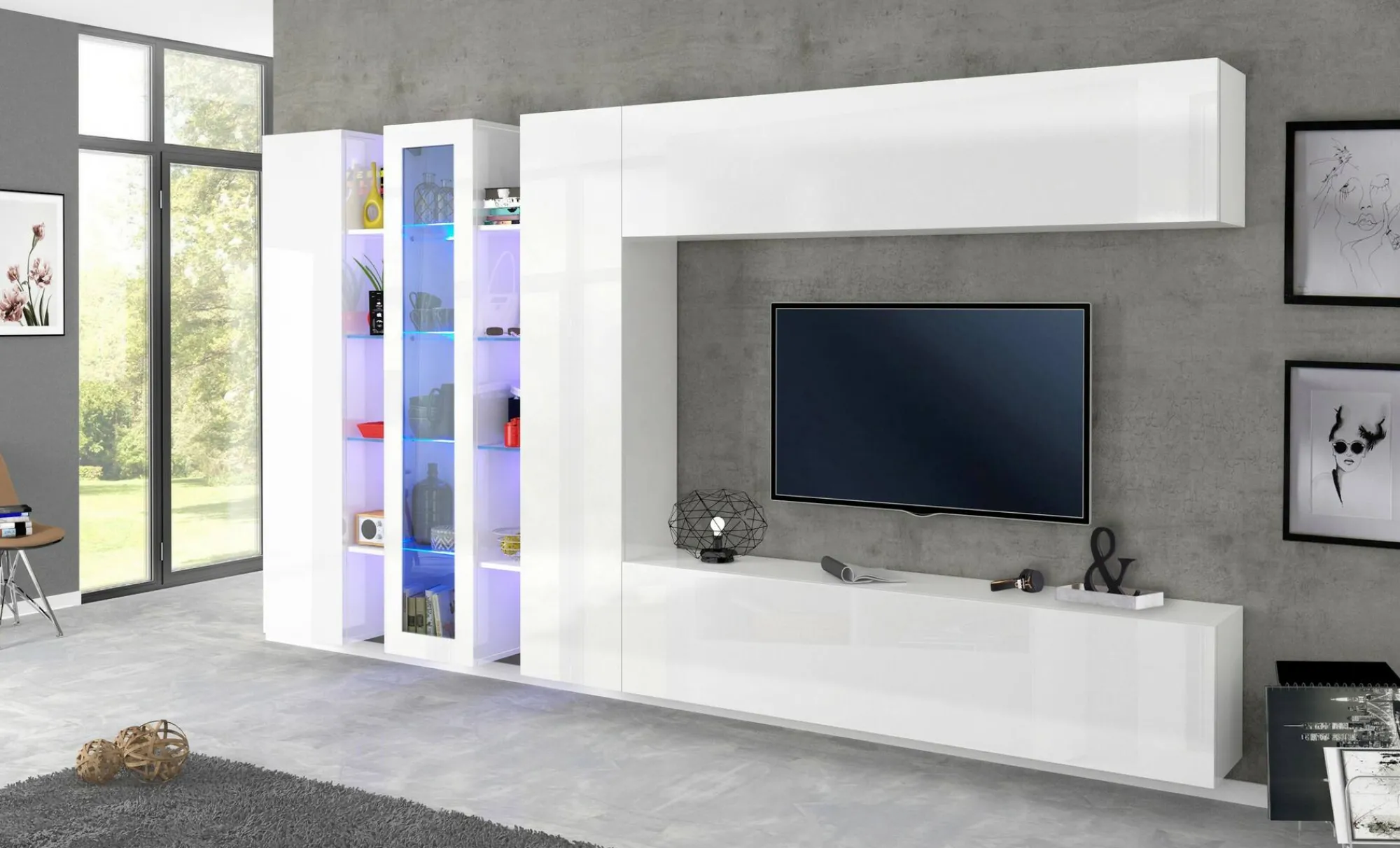 Parete attrezzata Arkan, cm 340x30h180,<Dmora Outlet