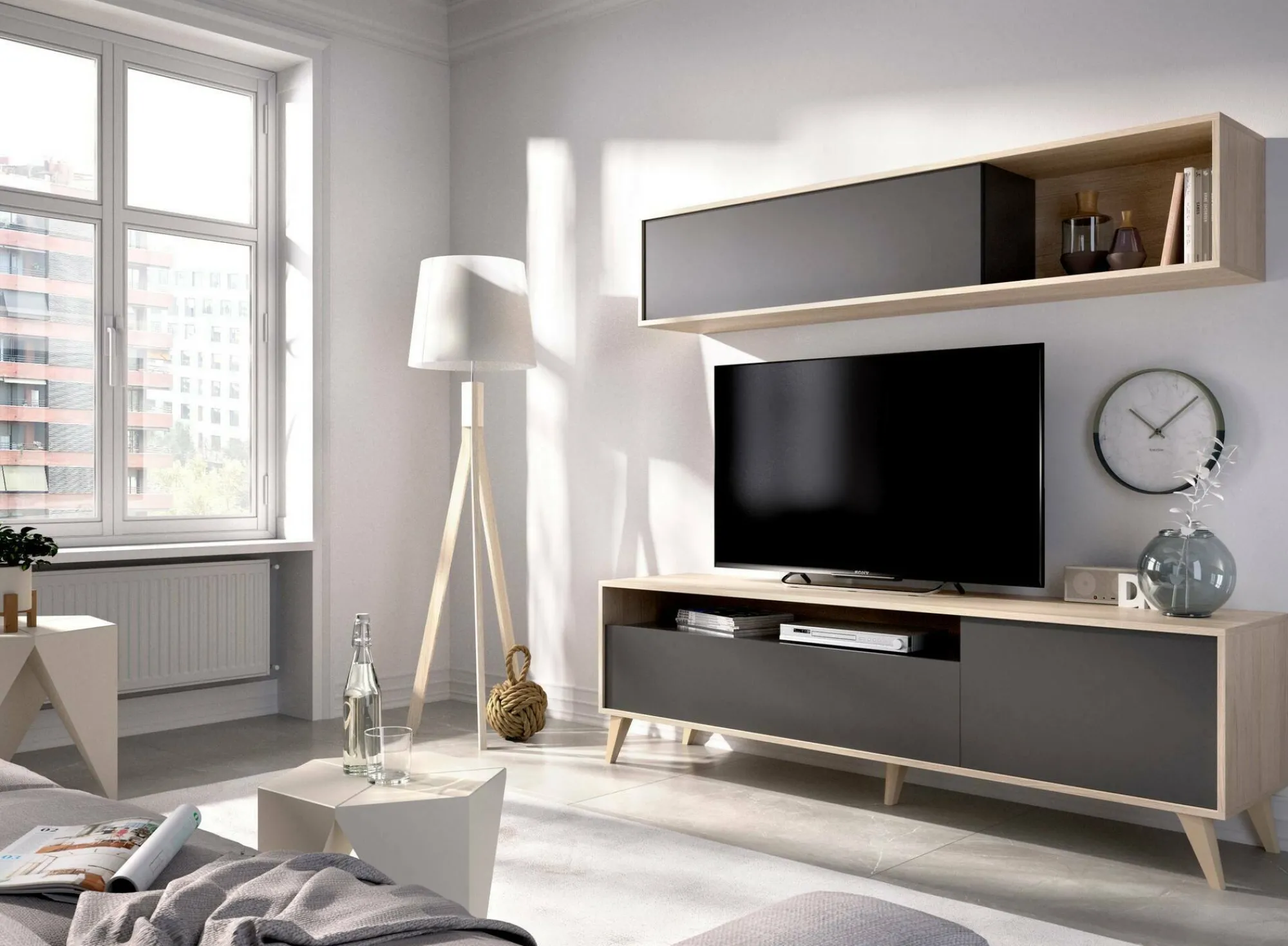 Parete attrezzata Arusha, 180x41h180 cm, Antracite e Rovere Nodi<Dmora Cheap