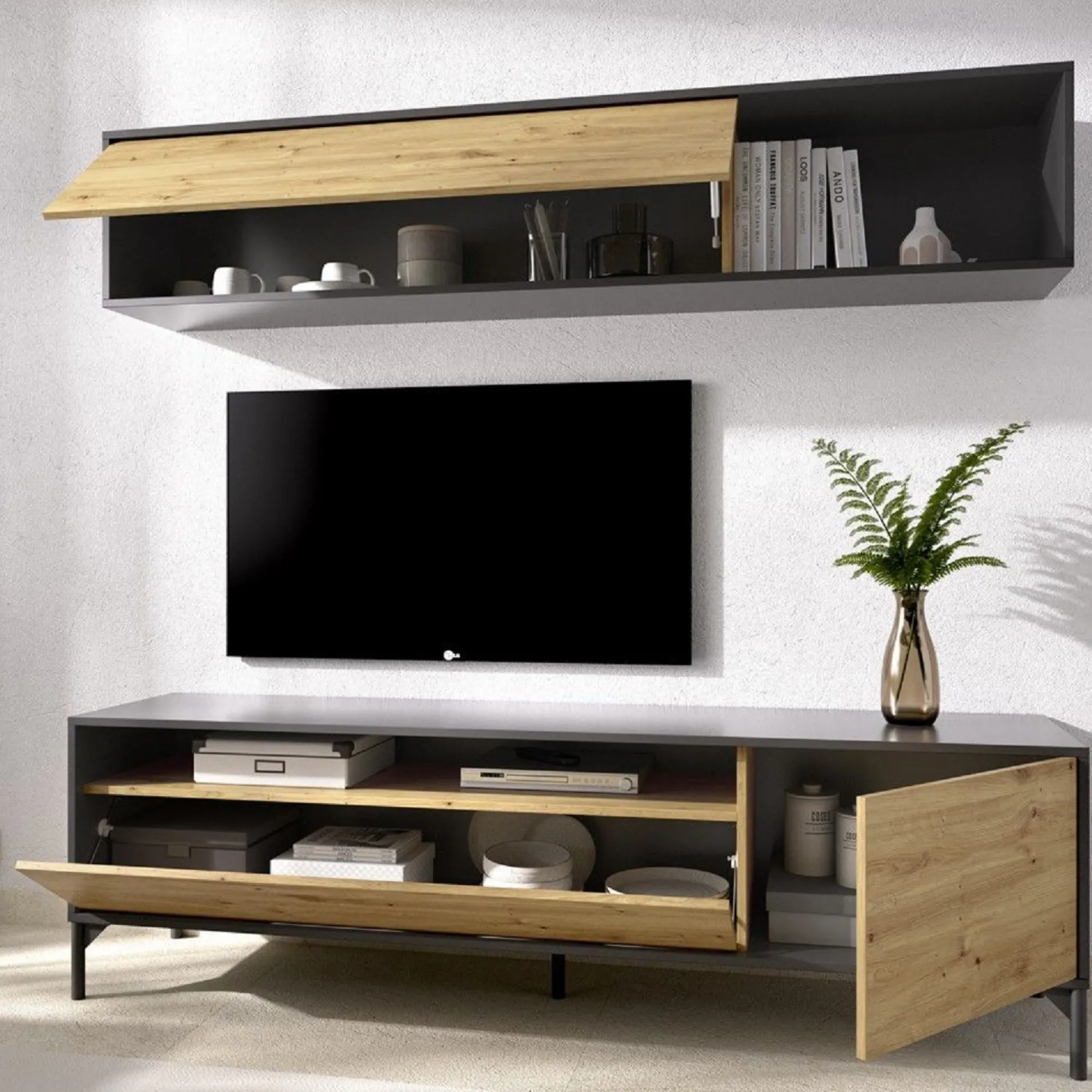 Parete attrezzata Arusha, 180x41h180 cm, Rovere Nodi e Antracite<Dmora Cheap