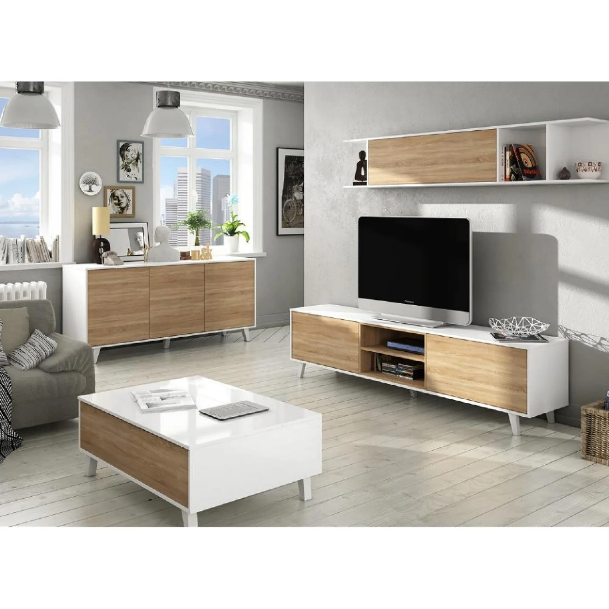 Parete attrezzata Aslan, 180x41h51 cm, Bianco e Rovere<Dmora Best Sale
