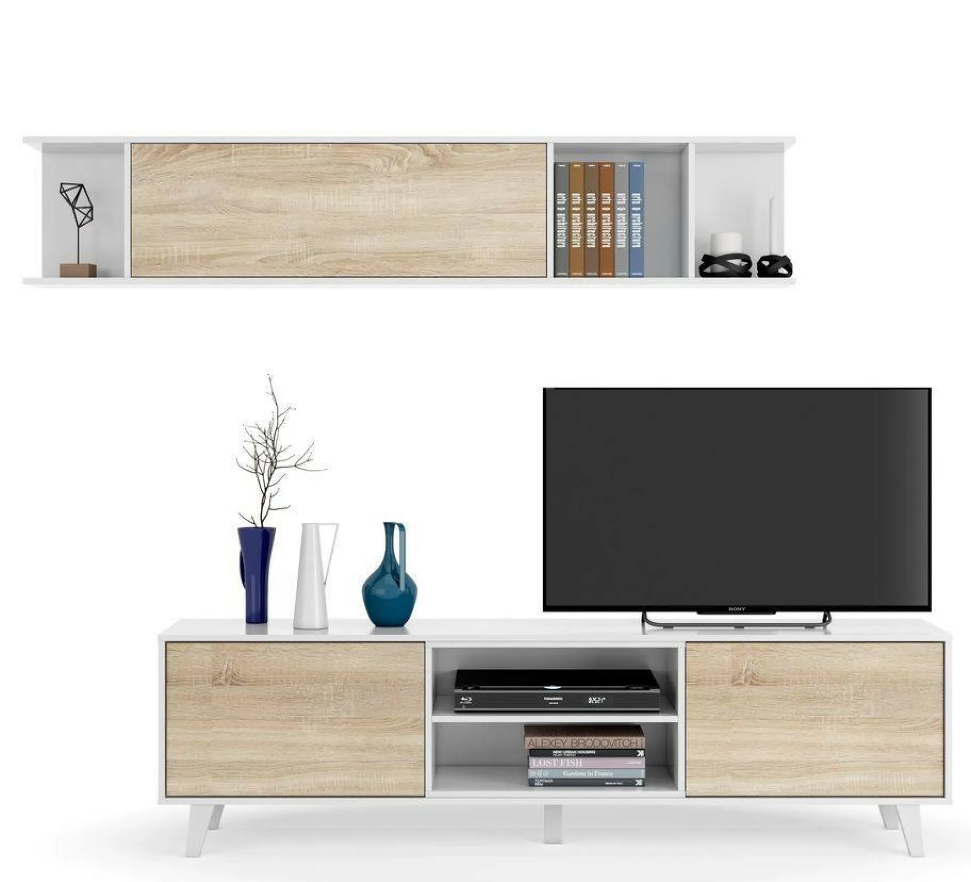 Parete attrezzata Aslan, 180x41h51 cm, Bianco e Rovere<Dmora Best Sale