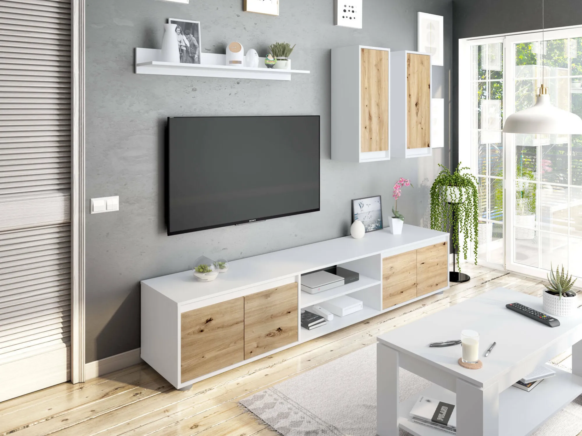 Parete attrezzata Astulo, 200x40h114 cm, Bianco e Rovere<Dmora Flash Sale