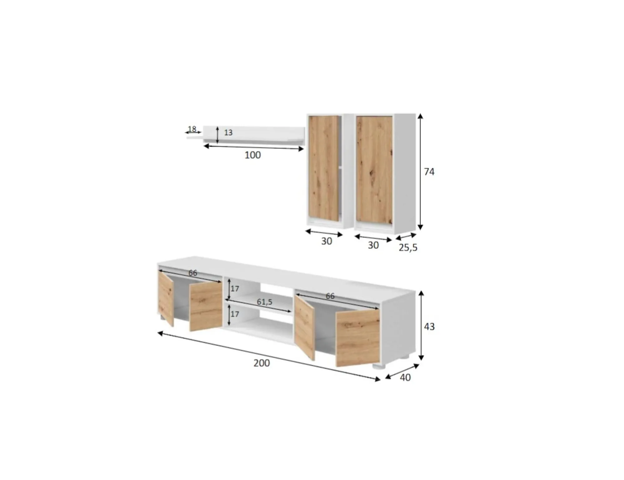 Parete attrezzata Astulo, 200x40h114 cm, Bianco e Rovere<Dmora Flash Sale