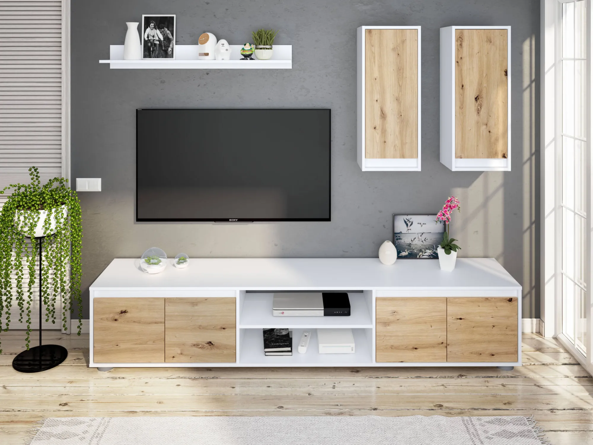 Parete attrezzata Astulo, 200x40h114 cm, Bianco e Rovere<Dmora Flash Sale