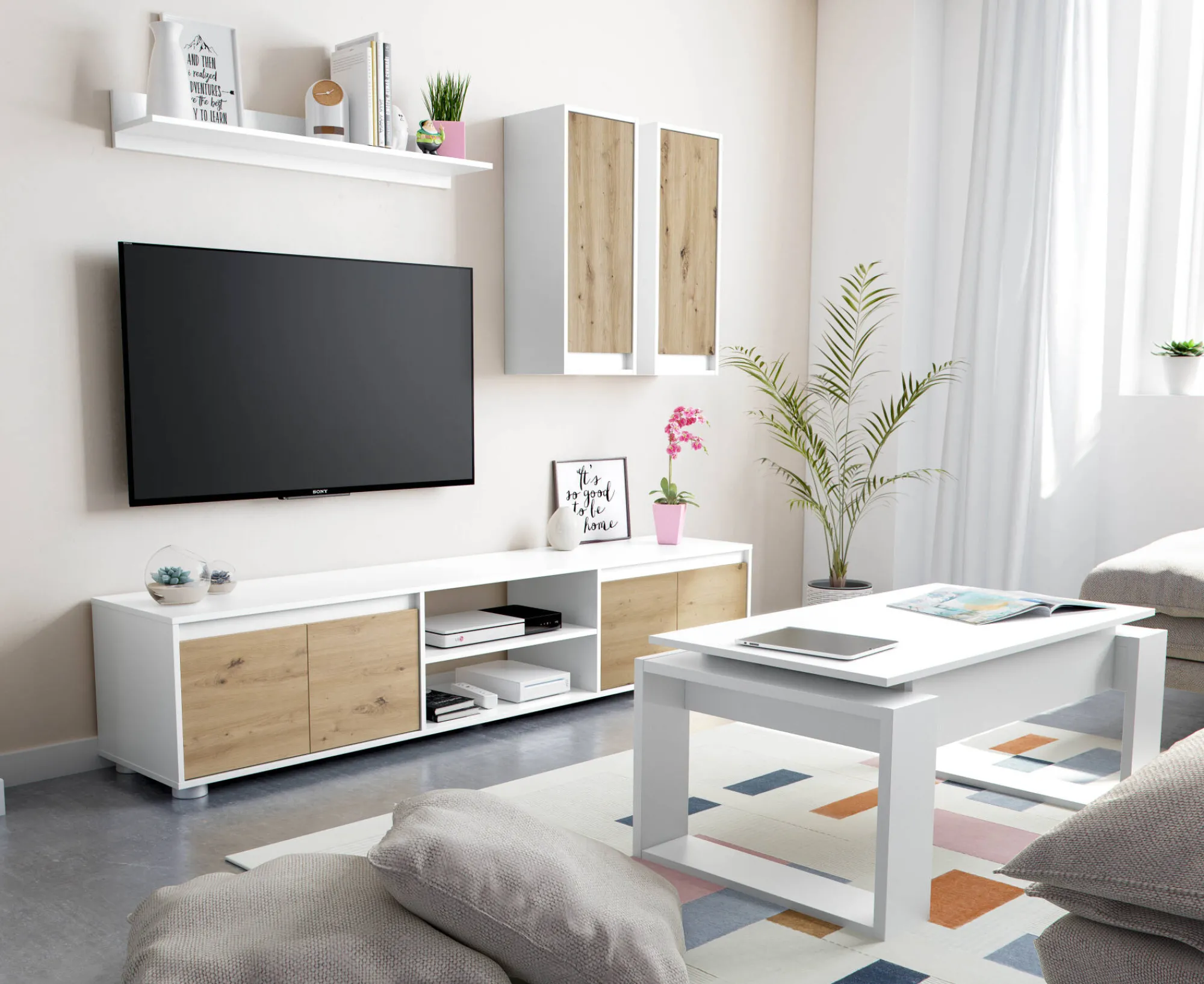 Parete attrezzata Astulo, 200x40h114 cm, Bianco e Rovere<Dmora Flash Sale
