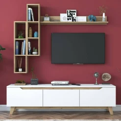 Parete attrezzata Atax, 180x35h49 cm, Bianco e Rovere<Dmora Sale