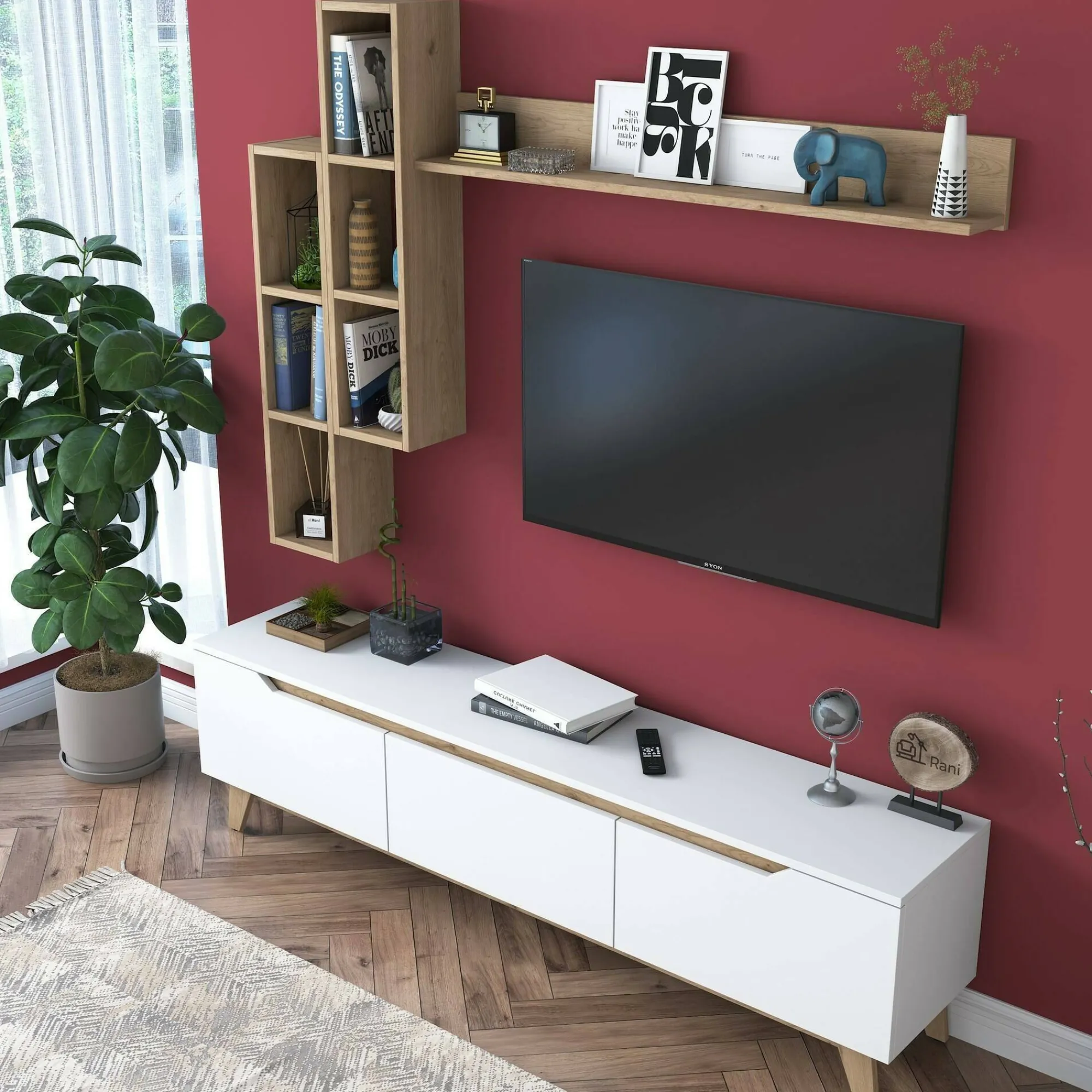 Parete attrezzata Atax, 180x35h49 cm, Bianco e Rovere<Dmora Sale