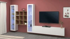 Parete attrezzata Atella, cm 350x30h180, Bianco lucido e Acero<Dmora Clearance