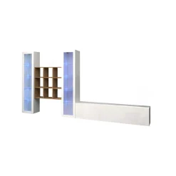 Parete attrezzata Atella, cm 350x30h180, Bianco lucido e Acero<Dmora Clearance