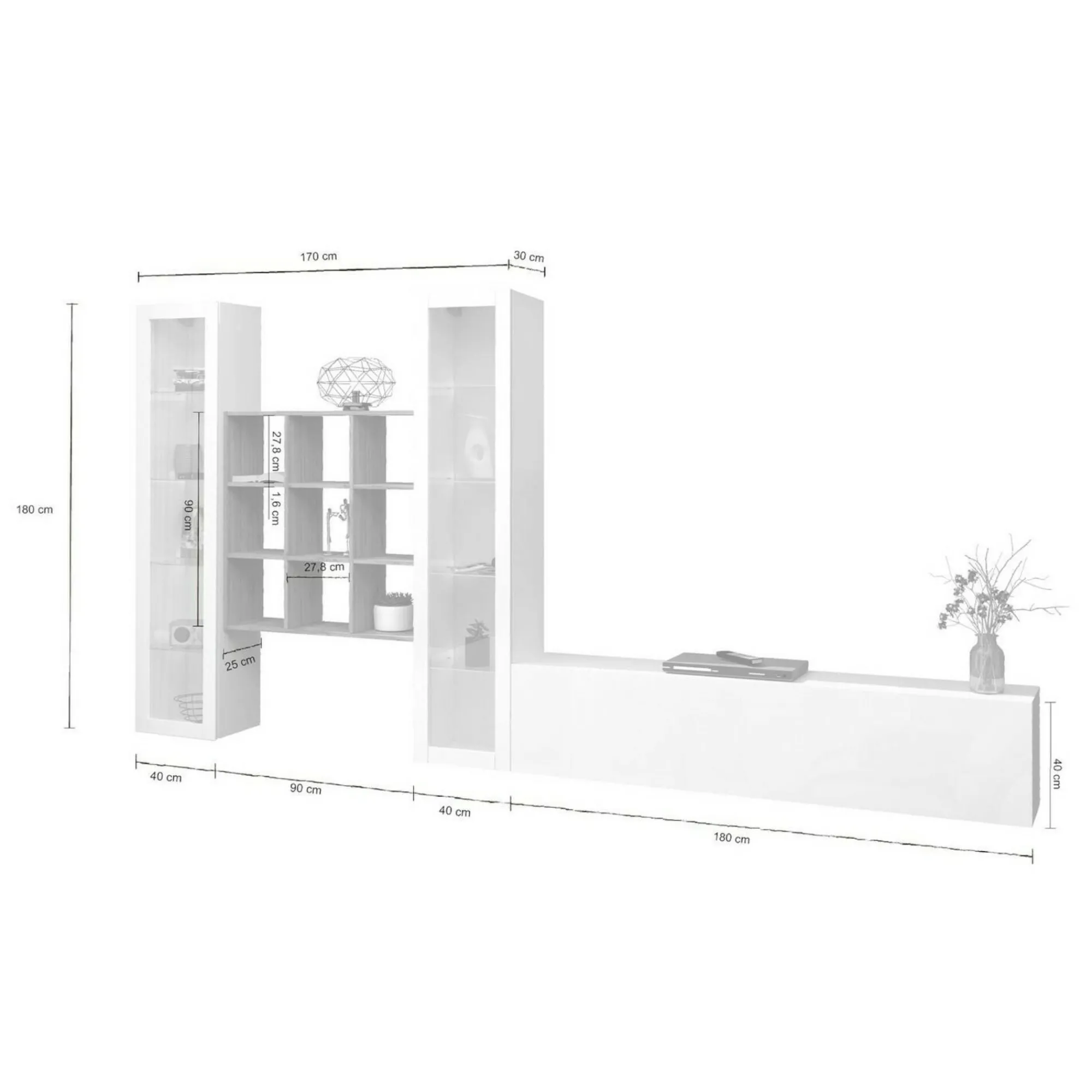 Parete attrezzata Atella, cm 350x30h180, Bianco lucido e Acero<Dmora Clearance