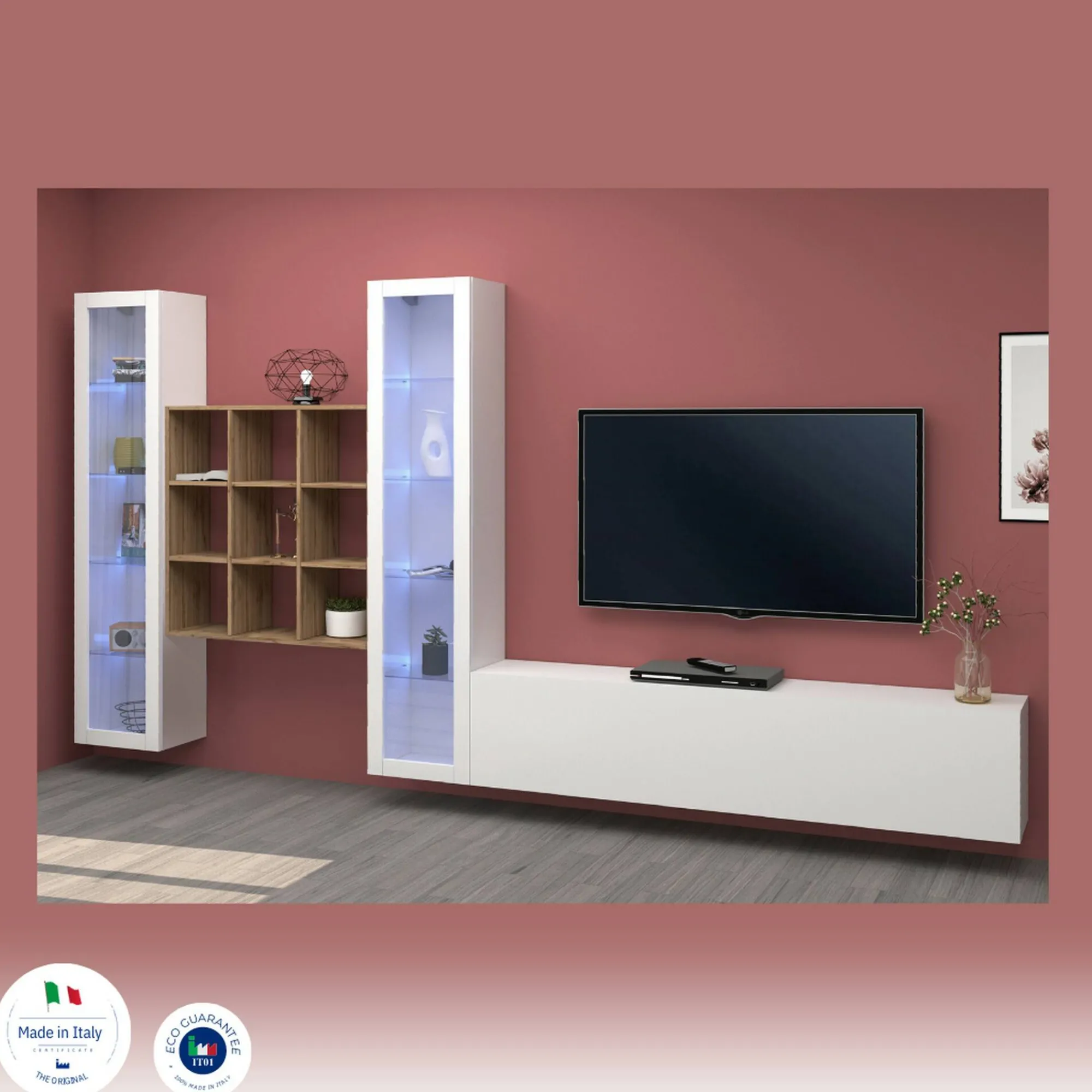 Parete attrezzata Atella, cm 350x30h180, Bianco lucido e Acero<Dmora Clearance