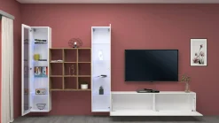 Parete attrezzata Atella, cm 350x30h180, Bianco lucido e Acero<Dmora Clearance