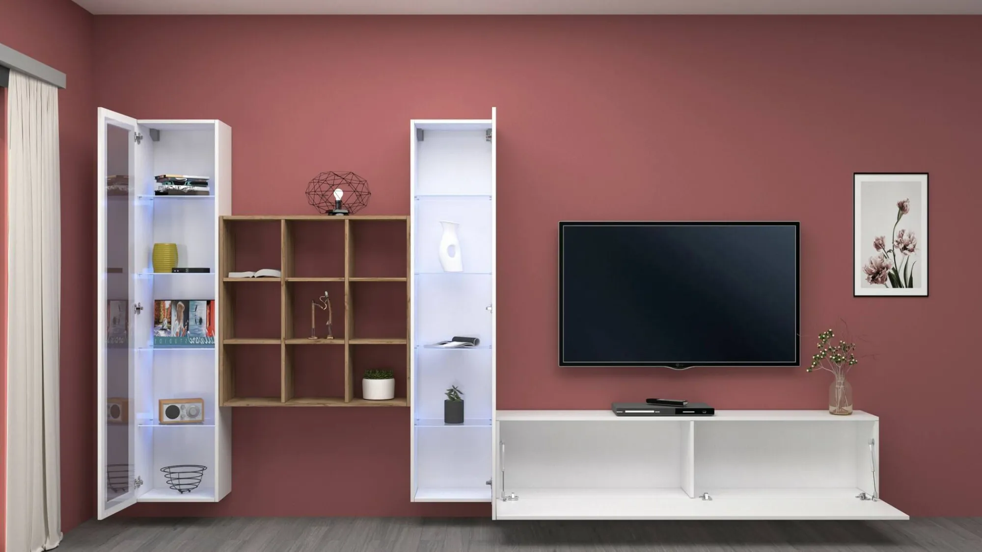 Parete attrezzata Atella, cm 350x30h180, Bianco lucido e Acero<Dmora Clearance