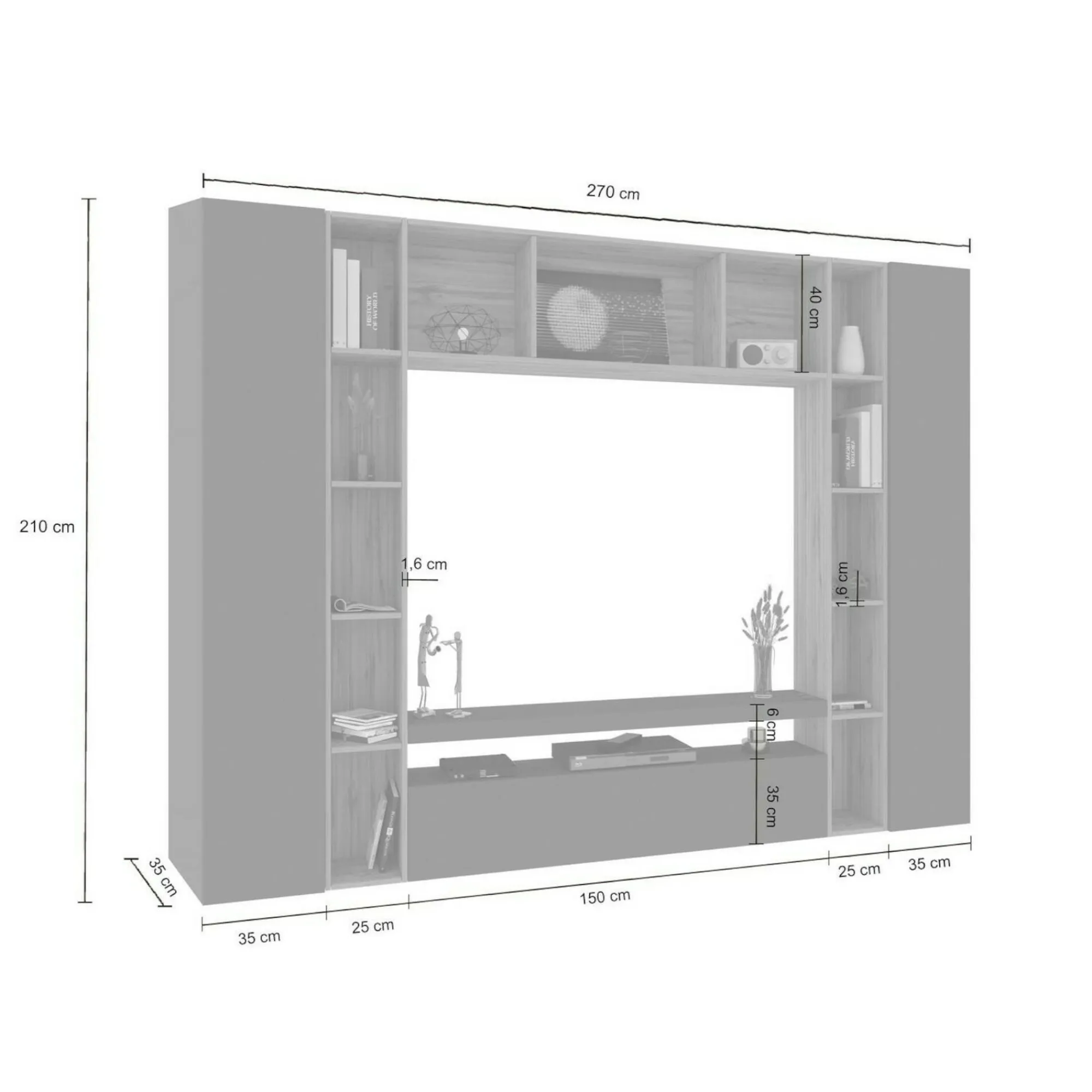 Parete attrezzata Austis, cm 270x35h210, Antracite e Rovere<Dmora Online
