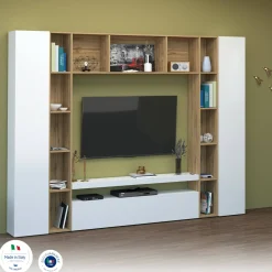 Parete attrezzata Austis, cm 270x35h210, Bianco lucido e Rovere<Dmora Fashion