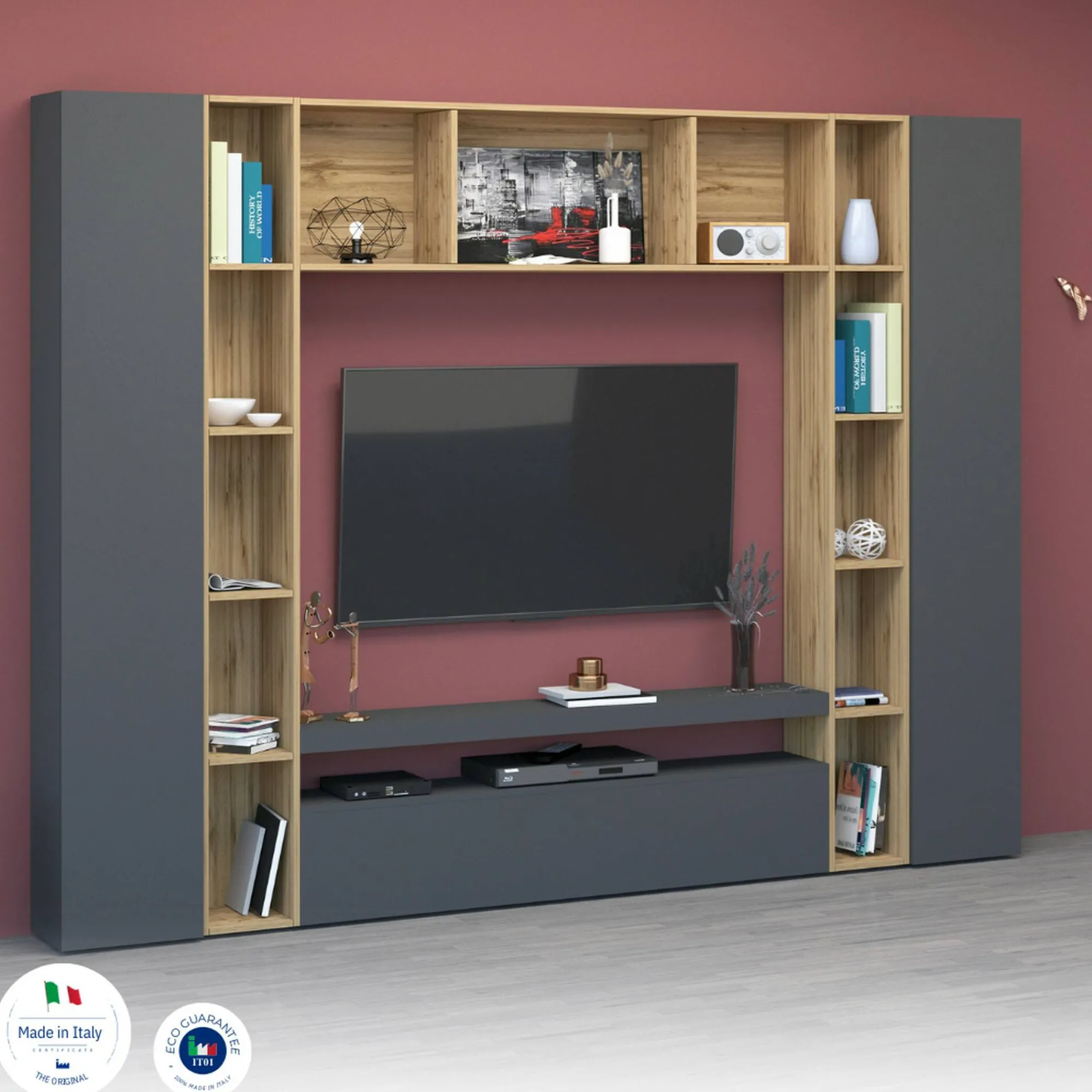 Parete attrezzata Austis, cm 270x35h210, Antracite e Rovere<Dmora Online