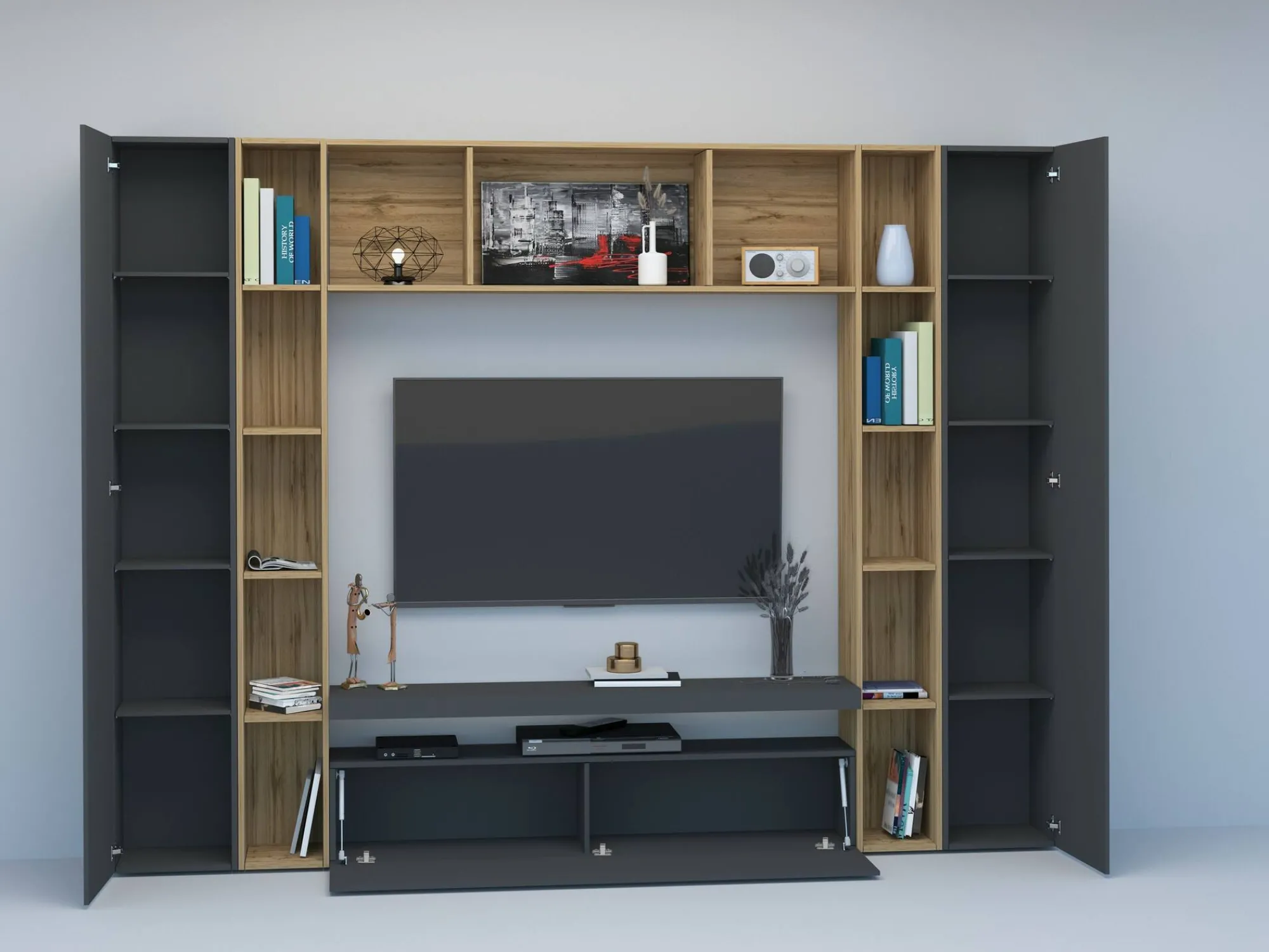 Parete attrezzata Austis, cm 270x35h210, Antracite e Rovere<Dmora Online