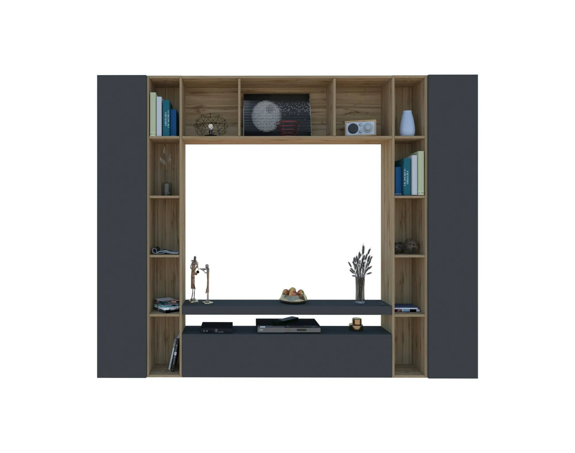 Parete attrezzata Austis, cm 270x35h210, Antracite e Rovere<Dmora Online
