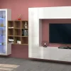 Parete attrezzata Avegno, cm 310x30h180, Bianco lucido e Acero<Dmora Shop