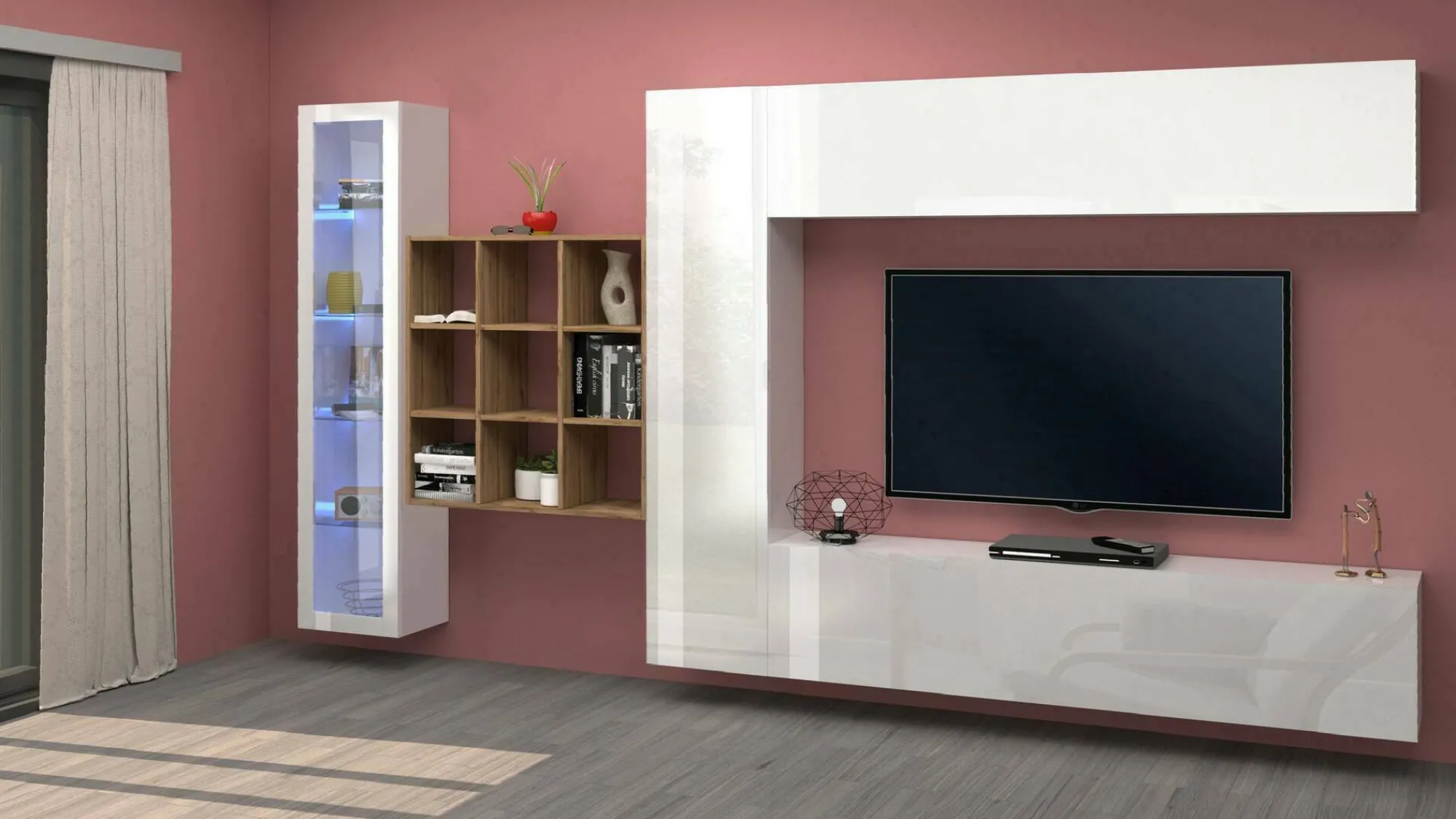 Parete attrezzata Avegno, cm 310x30h180, Bianco lucido e Acero<Dmora Shop