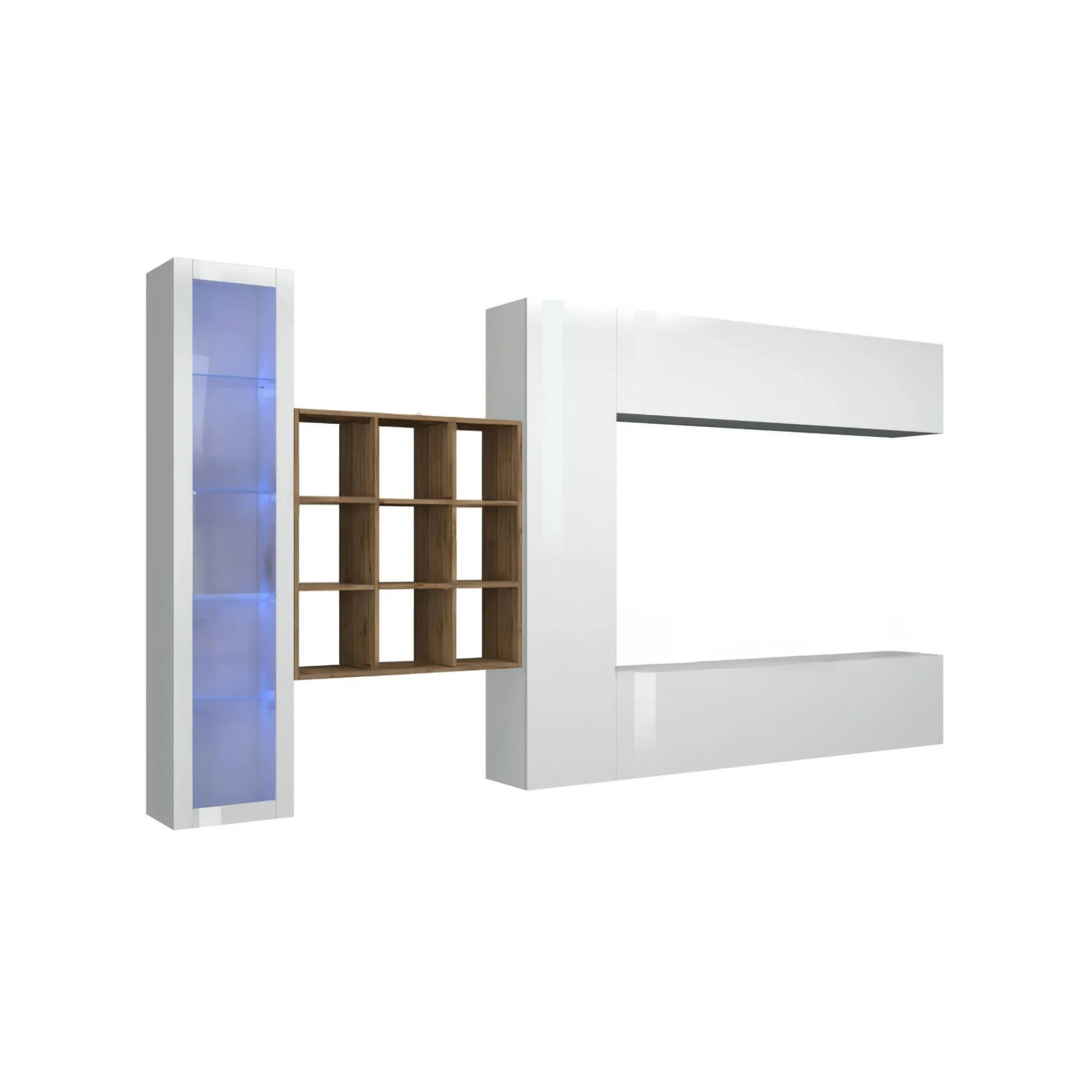 Parete attrezzata Avegno, cm 310x30h180, Bianco lucido e Acero<Dmora Shop