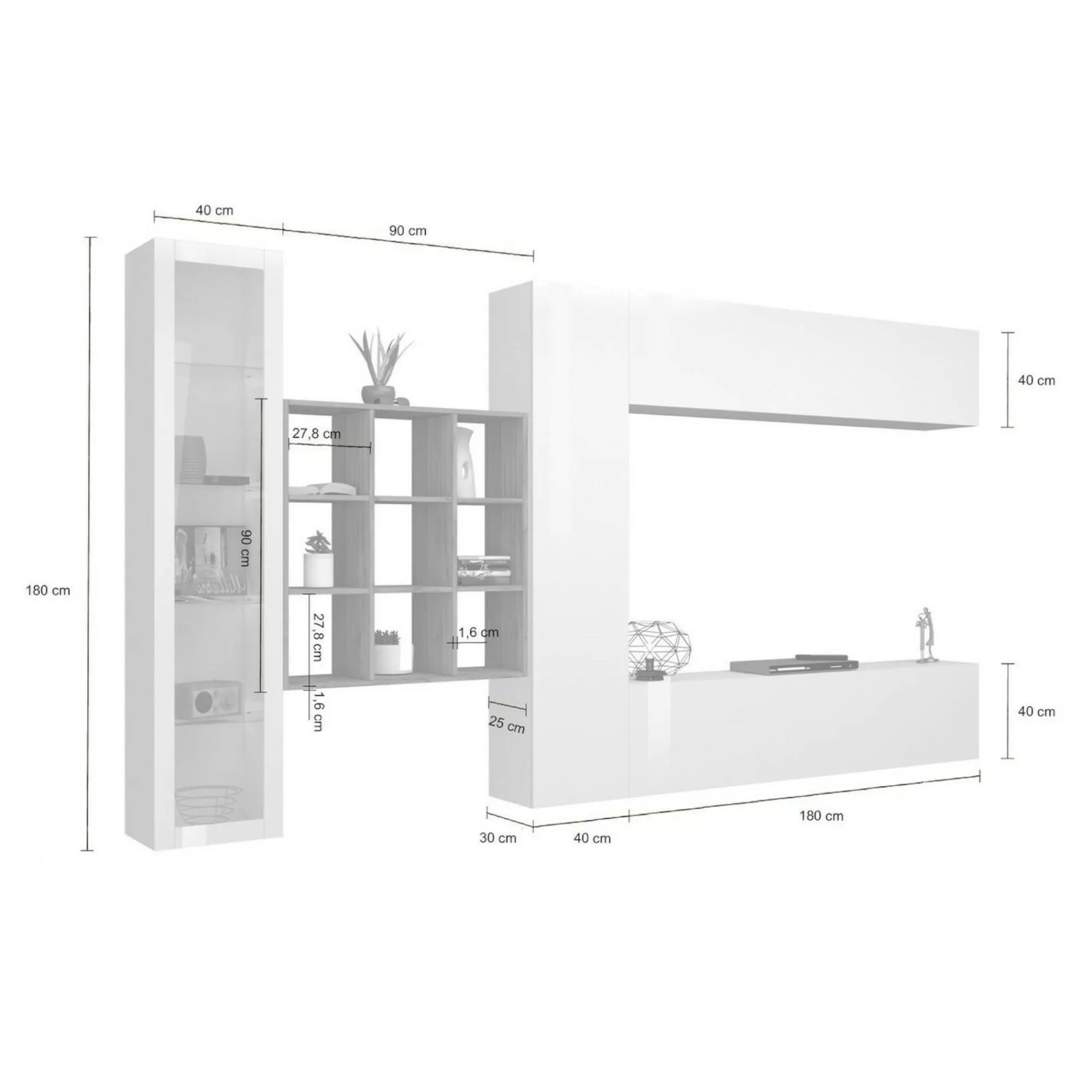 Parete attrezzata Avegno, cm 310x30h180, Bianco lucido e Acero<Dmora Shop