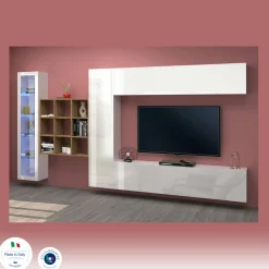 Parete attrezzata Avegno, cm 310x30h180, Bianco lucido e Acero<Dmora Shop