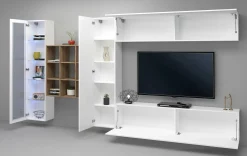 Parete attrezzata Avegno, cm 310x30h180, Bianco lucido e Acero<Dmora Shop
