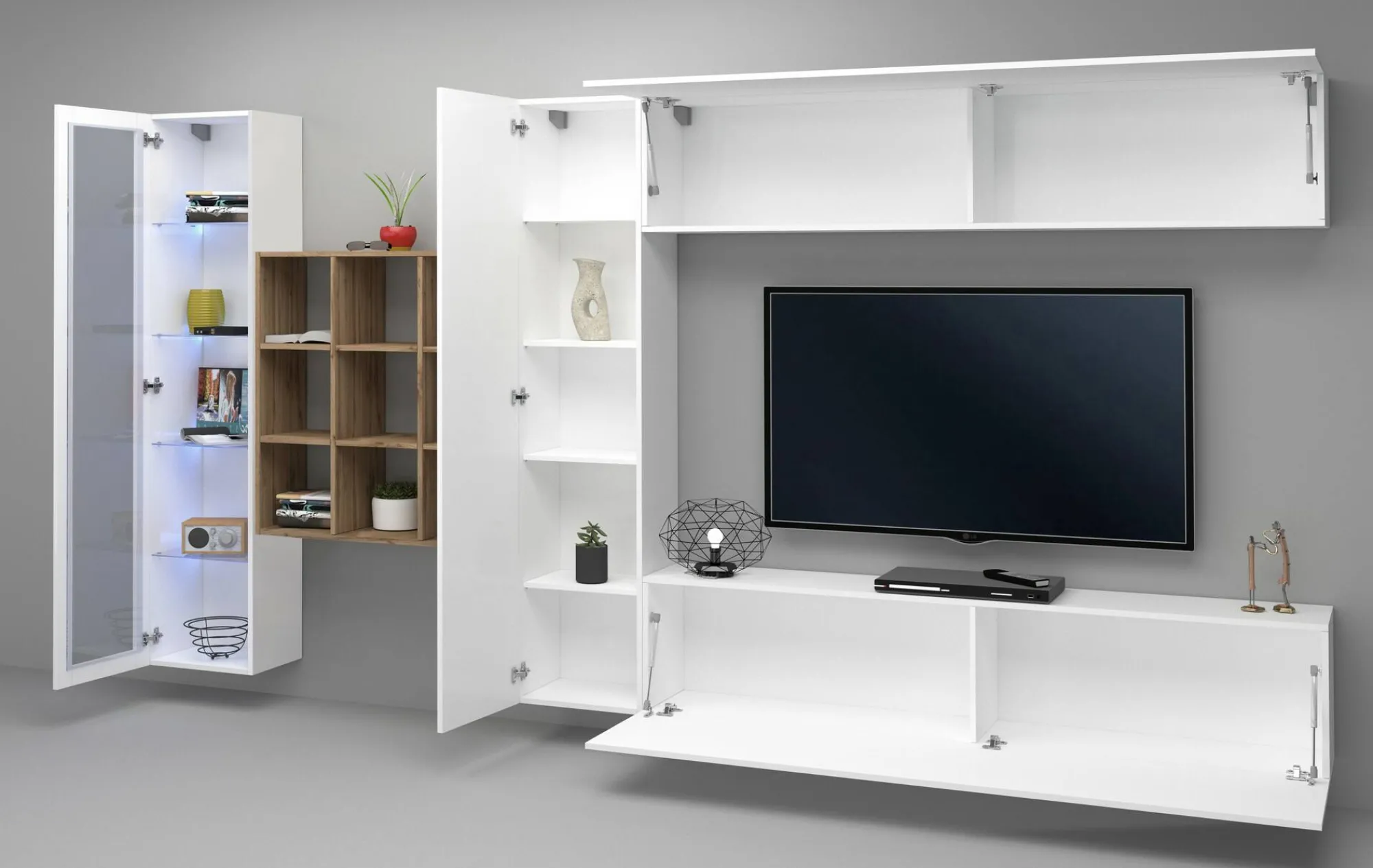 Parete attrezzata Avegno, cm 310x30h180, Bianco lucido e Acero<Dmora Shop