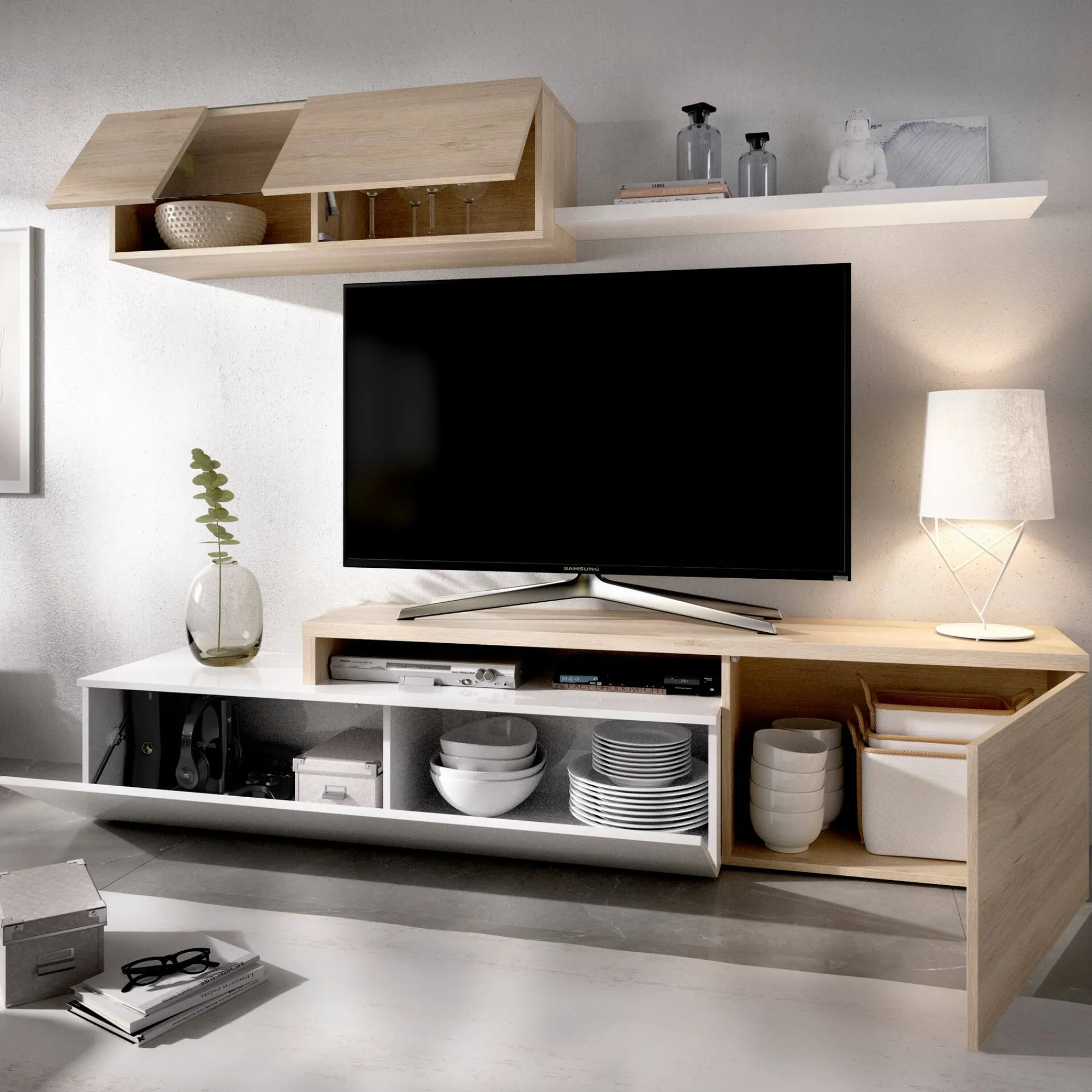 Parete attrezzata Axayazala, 201x41h180 cm, Bianco e Rovere<Dmora Sale