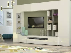 Parete attrezzata Azuro, cm 290x40h192, Bianco lucido e Cemento<Dmora Fashion