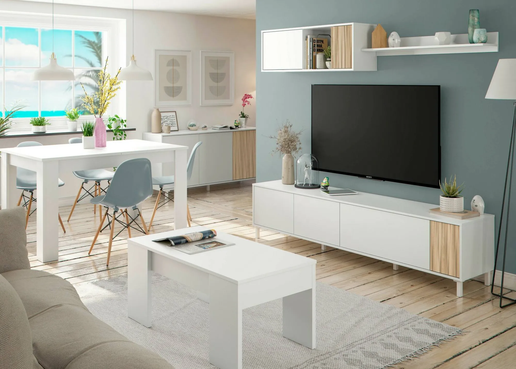 Parete attrezzata Banari, 200x40h47 cm, Bianco e Rovere<Dmora Flash Sale